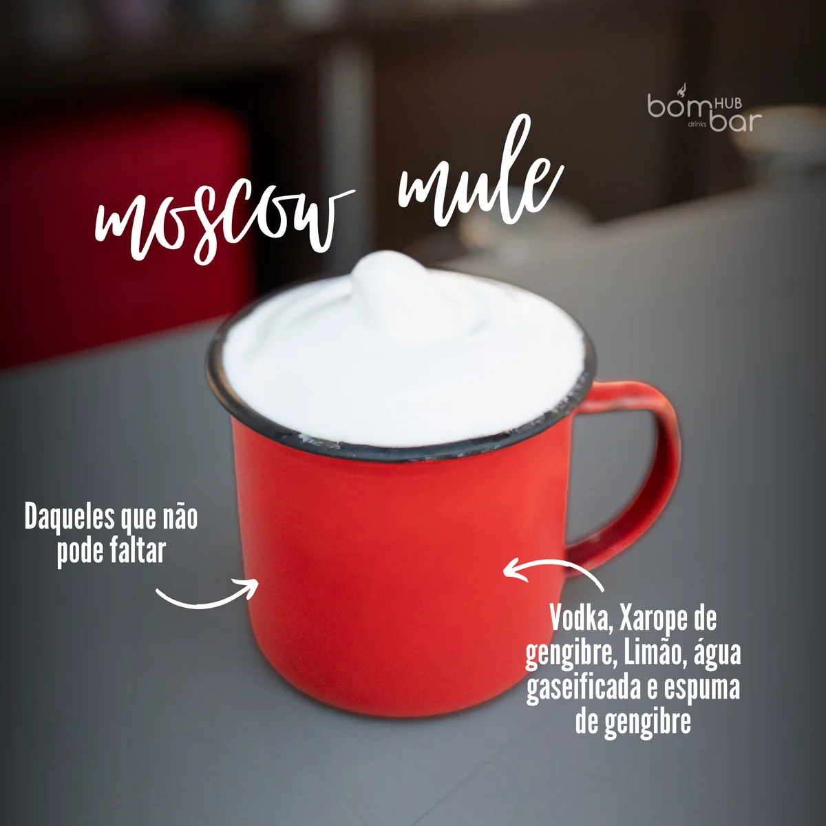 Moscow Mule servido em caneca vermelha na carta do Bombar
